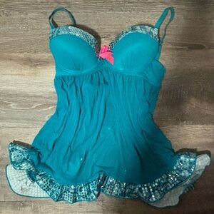 sequinned sheer blue lingerie + pink bow
